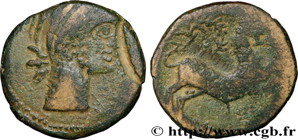 GALLIA - NEDENES (oppidum of Montlaures) Unité ou bronze au taureau, tête stylisée VF