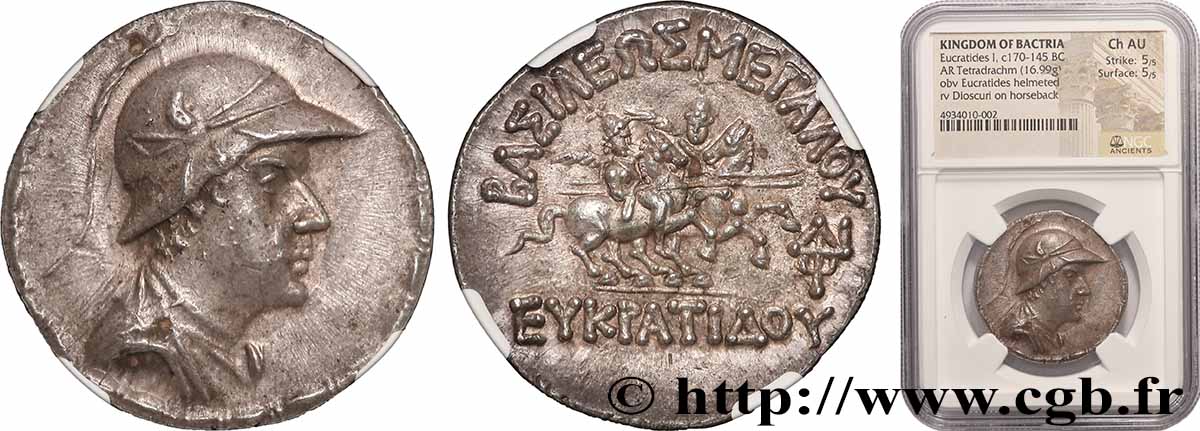 BACTRIA - BACTRIAN KINGDOM - EUCRATIDES I Tétradrachme AU