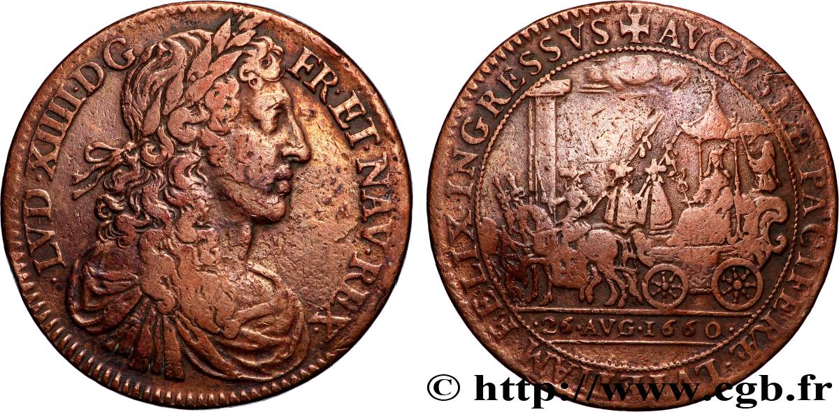 LOUIS XIV LE GRAND ou LE ROI SOLEIL Jeton, Entrée du roi et de la reine à Paris TB