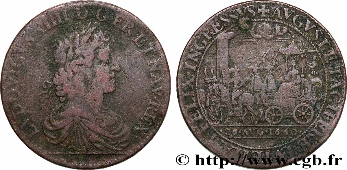 LOUIS XIV LE GRAND ou LE ROI SOLEIL Jeton, Entrée du roi et de la reine à Paris TB