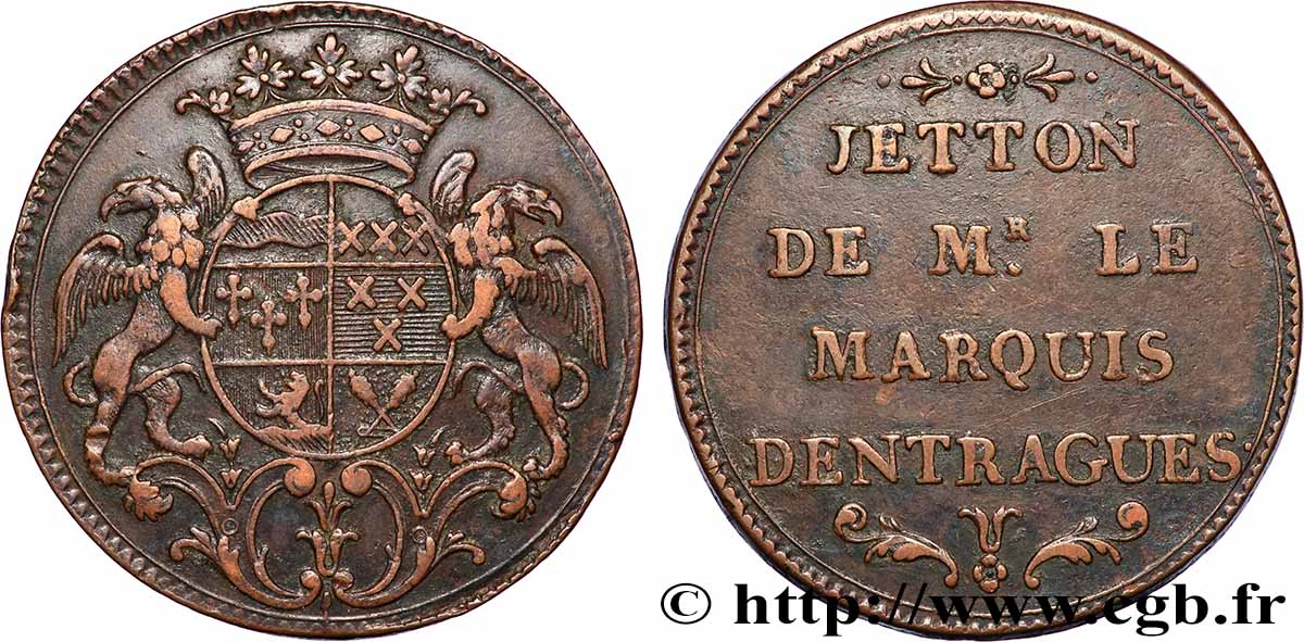 FOREZ, Noblesse et villes Jeton Br 31, Louis-César Crémeaux, marquis d’Entragues TTB