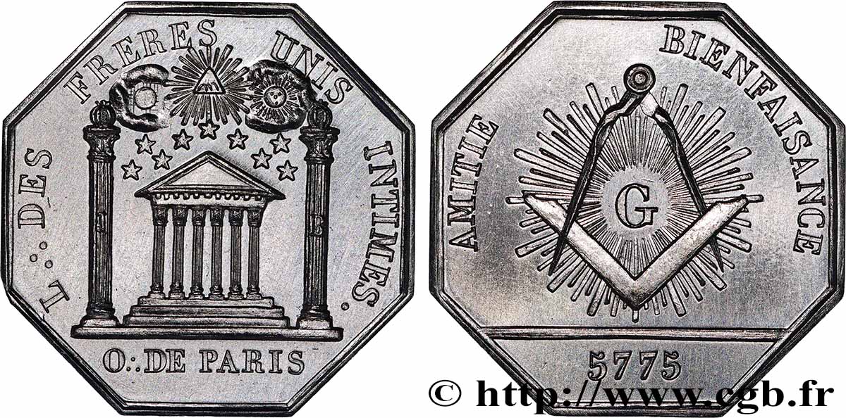 FRANC - MAÇONNERIE LES FRÈRES UNIS INTIMES - Refrappe n°88 SUP