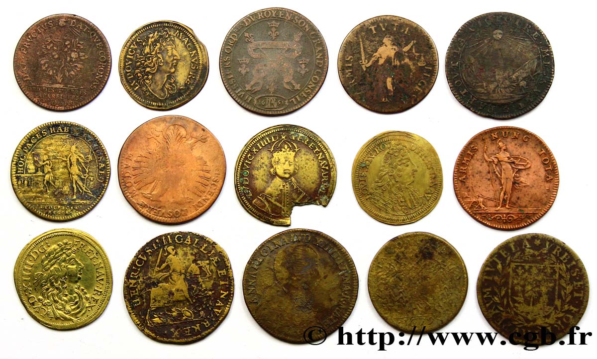 LOTTE Lot de quinze jetons royaux états et métaux divers