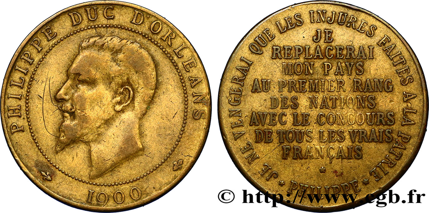 TERCERA REPUBLICA FRANCESA Médaille au module de 10 centimes pour le duc d’Orléans MBC