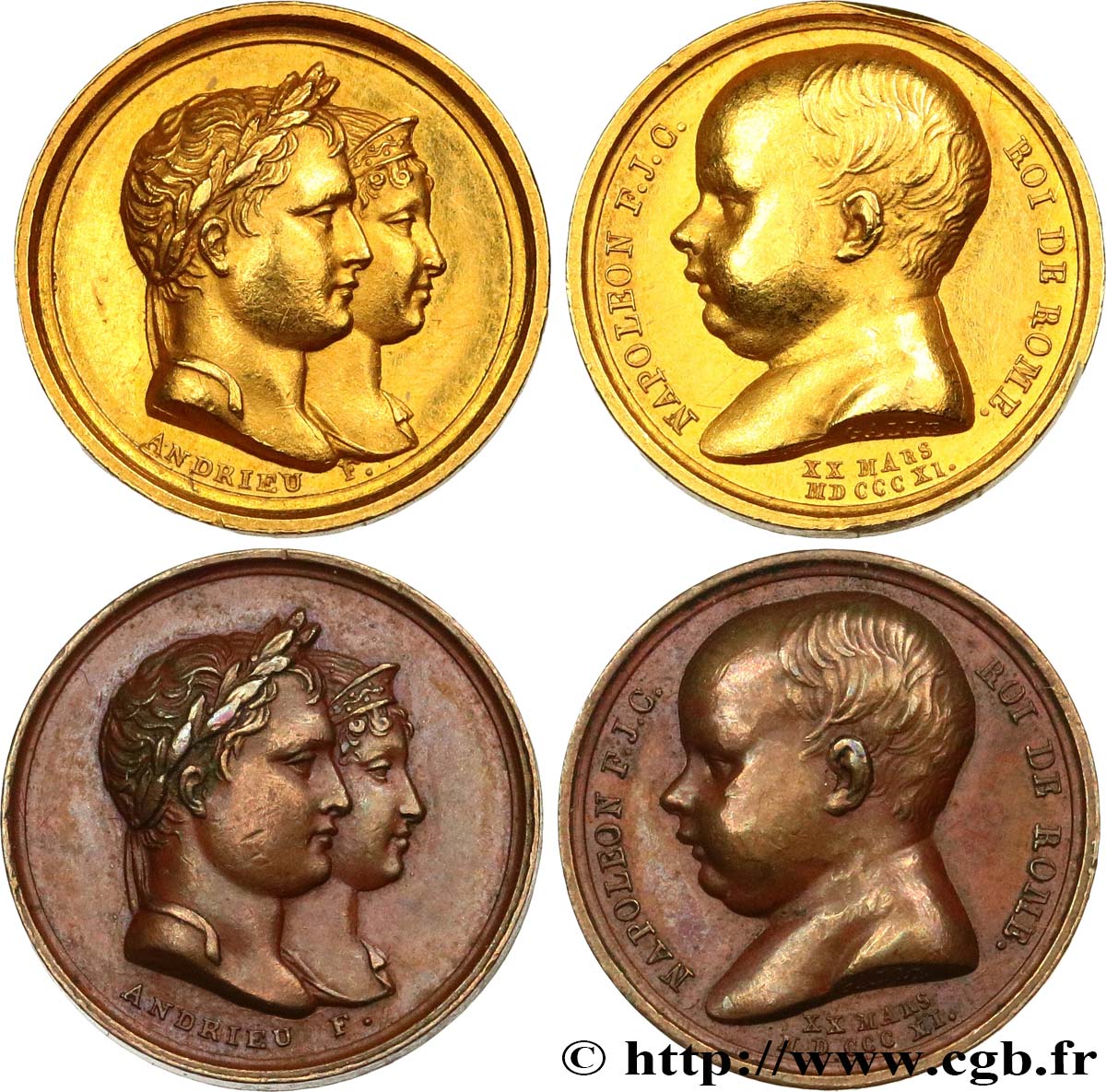 PRIMO IMPERO Naissance du Roi de Rome, lot de 2 exemplaires en or et cuivre SPL