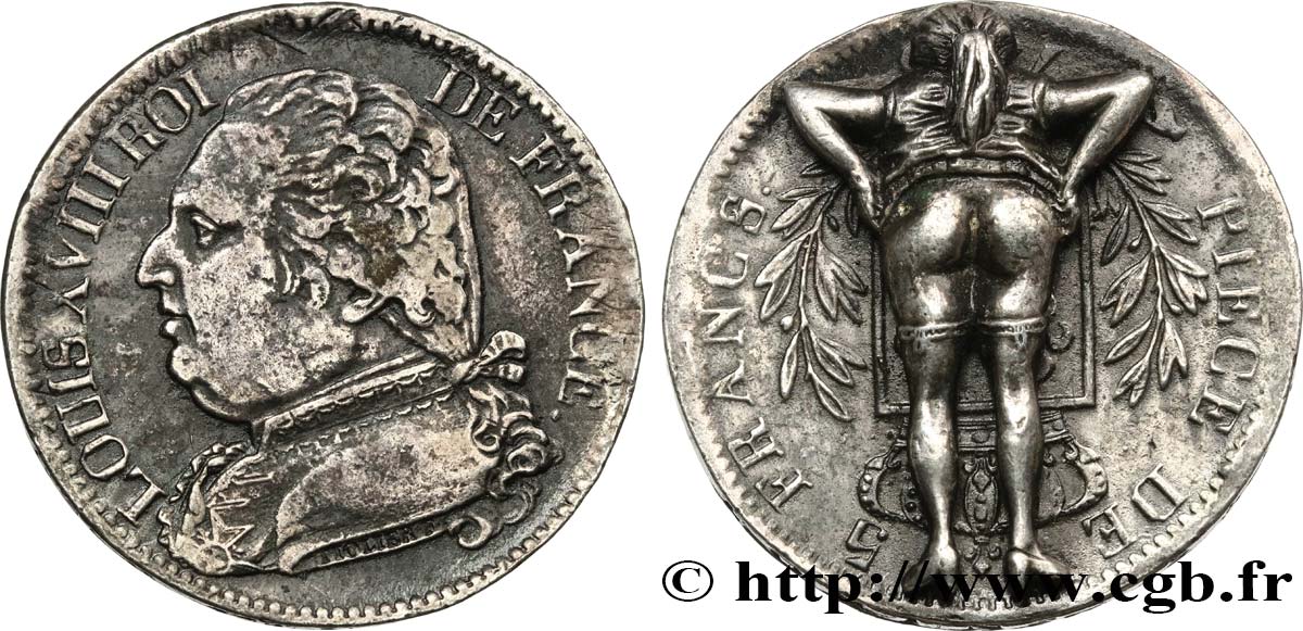 LOUIS XVIII Satirique érotique au module de la 5 francs Louis XVIII, buste habillé XF