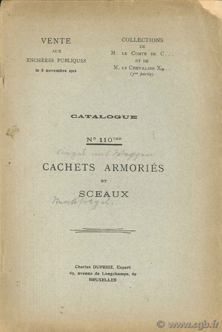 Catalogue n°110 ter, cachets armoriés et sceaux DUPRIEZ C.