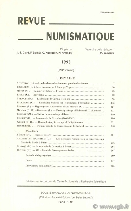 Revue Numismatique 1995, 150e volume 