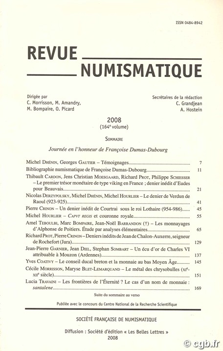Revue Numismatique 2008 (164e volume) Collectif