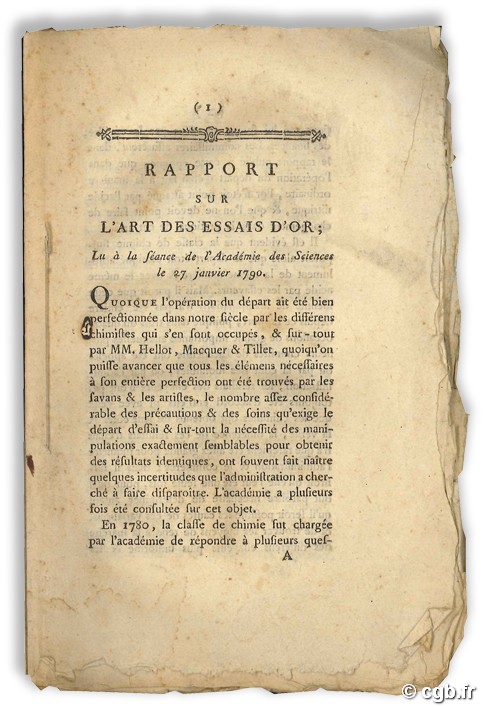 Rapport sur l art des essais d or; Lu à la séance de l Académie des Sciences le 27 janvier 1790 S.n