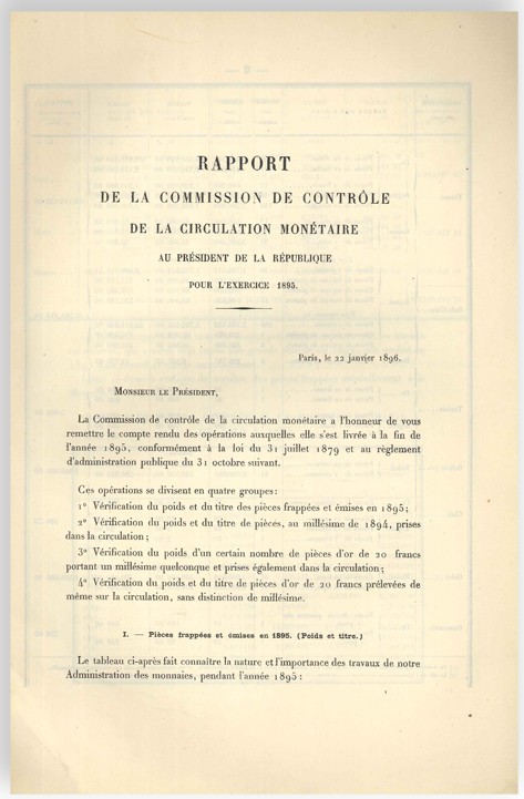 Rapport de la commission de contrôle de la circulation monétaire au Président de la République pour l exercice 1895 Collectif