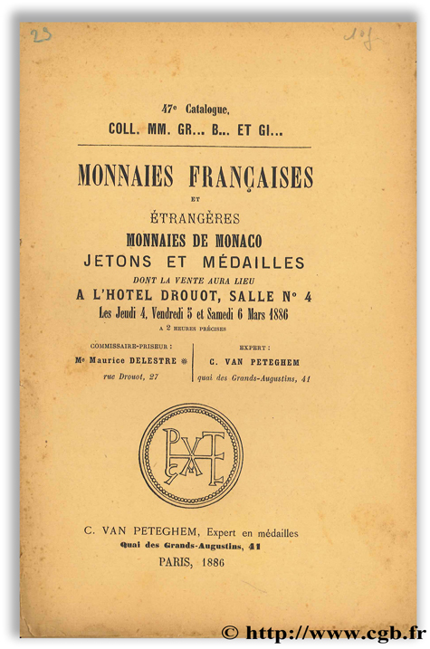 Monnaies françaises et étrangères - Monnaies de Monaco - Jetons et médailles  VAN PETEGHEM C.
