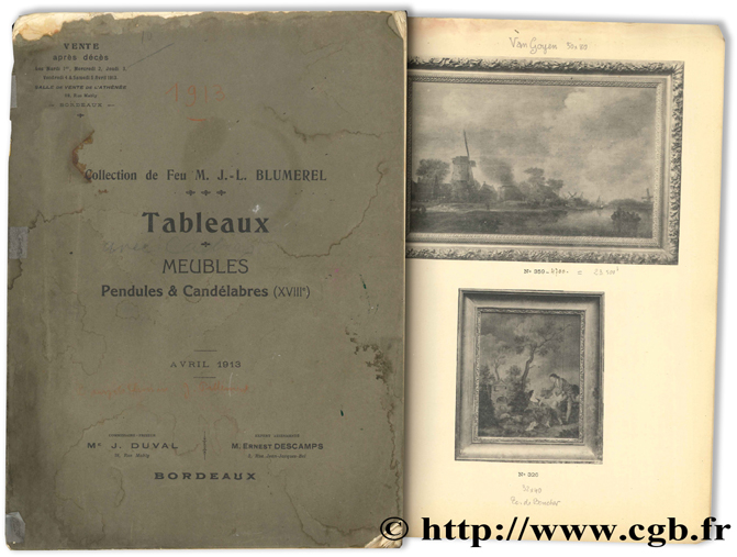 Collection de feu M. J.-L. BLUMEREL - Tableaux, meubles, pendules & candélabres (XVIIIe) - avril 1913 DUVAL J.