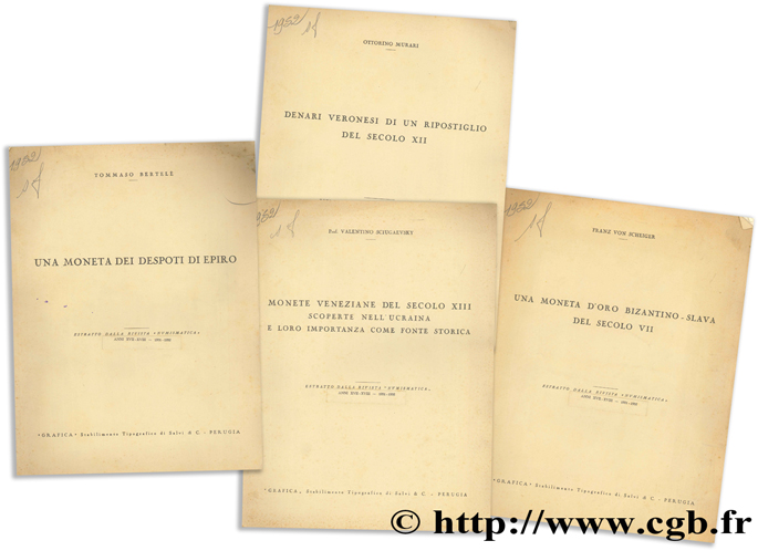 Lot de quatre extraits de la revue  Numismatica , Anni XVII - XVIII, 1951 - 1952 BERTELE T., SCIUGAEVSKY V., MURARI O., VON SCHEIGER F.