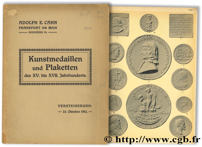 Katalog von Kunstmedaillen und Plaketten des XV. bis XVII. Jahrhunderts darunter dis Dubletten des Königl. Münzkabinetts zu Berlin CAHN A.-E.