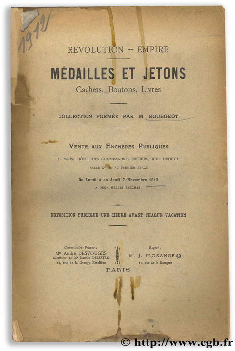 Révolution - Empire : médailles et jeton, cachets, boutons, livres - Collection formée par M. Bourgeot FLORANGE J.