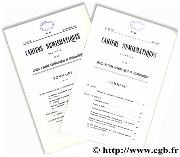Cahiers numismatiques n° 84 et 98 Collectif