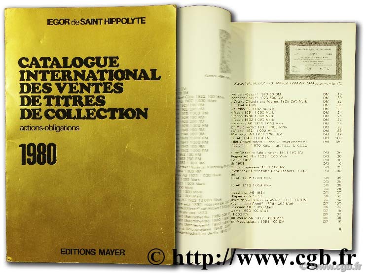 Catalogue international des ventes de titres de collection (actions, obligations) DE SAINT HIPPOLYTE I.