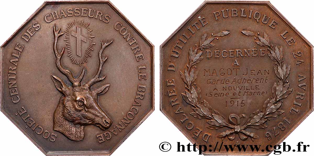 III REPUBLIC Médaille, Société Centrale des Chasseurs contre le braconnage AU
