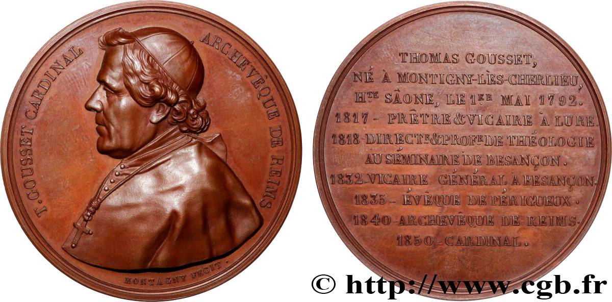 DEUXIÈME RÉPUBLIQUE Médaille, Thomas Gousset, archevêque de Reims AU