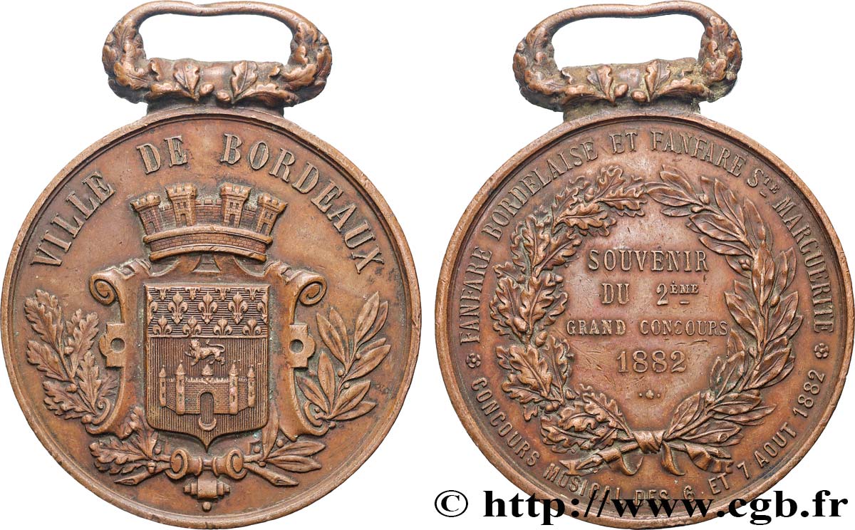 TROISIÈME RÉPUBLIQUE Médaille, Fanfare bordelaise et fanfare Sainte Marguerite, Concours musical TTB