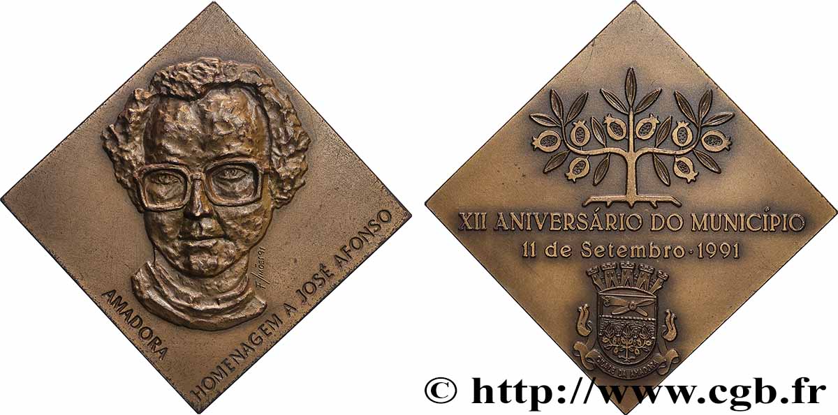 PORTUGAL Plaquette, 12e anniversaire de la municipalité, Hommage à José Afonso TTB+