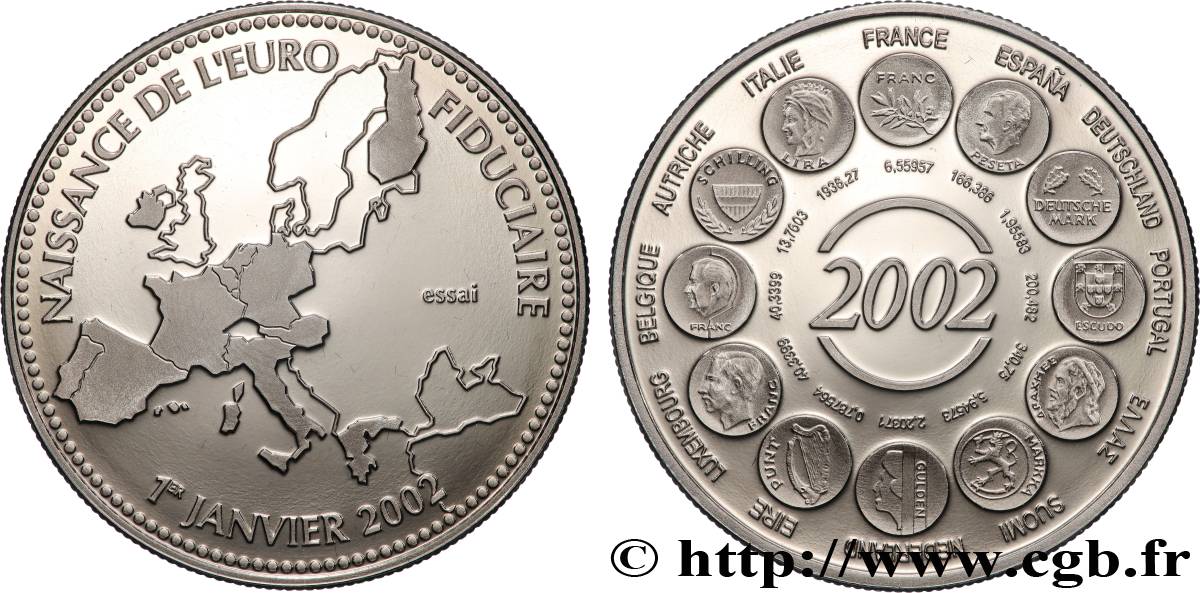 CINQUIÈME RÉPUBLIQUE Médaille, Essai, Naissance de l’Euro fiduciaire SPL
