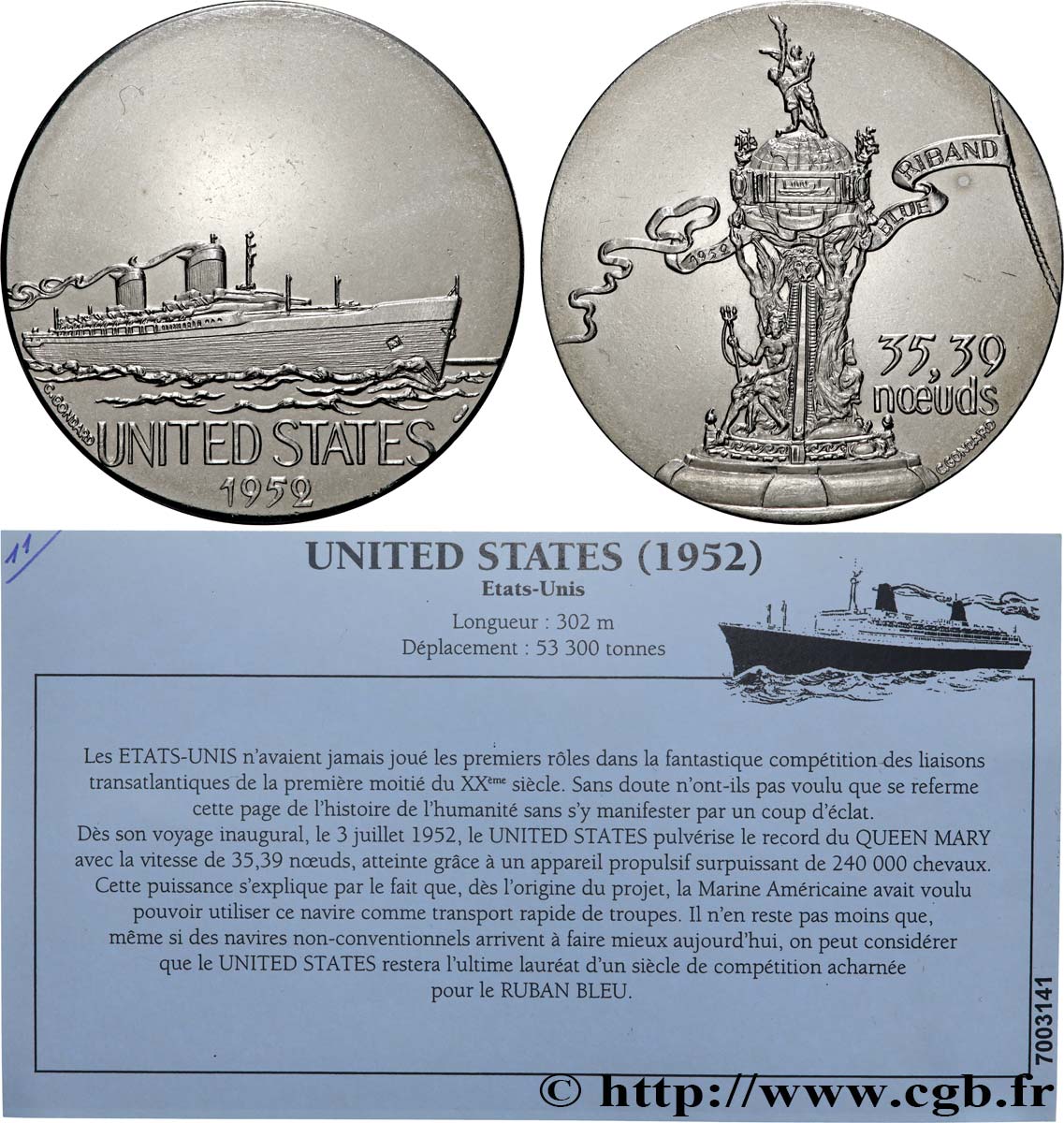 CINQUIÈME RÉPUBLIQUE Médaille, Paquebot United States SUP