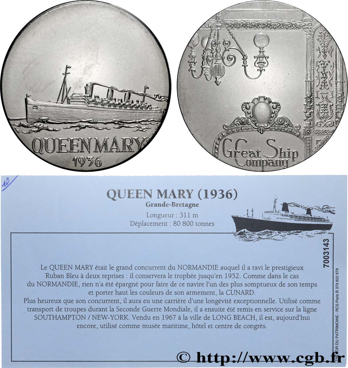 CINQUIÈME RÉPUBLIQUE Médaille, Paquebot Queen Mary SUP