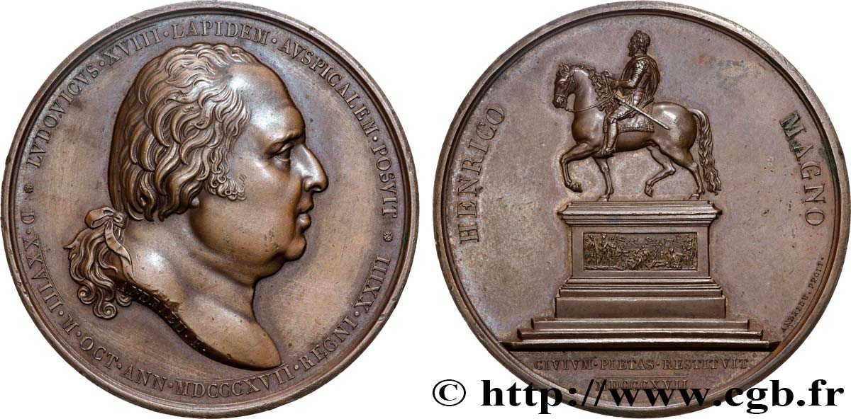 LOUIS XVIII Médaille, Statue équestre d’Henri IV TTB+