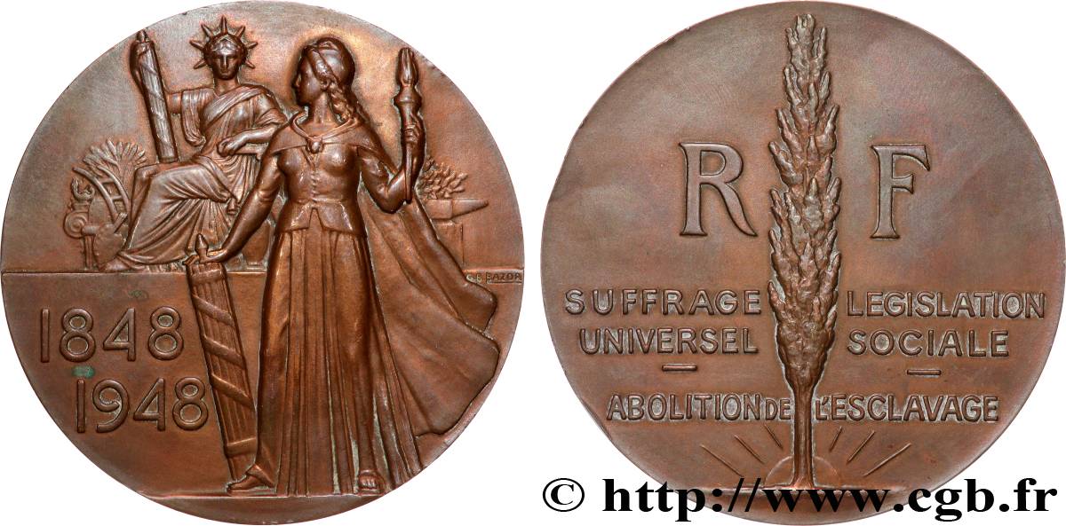 QUATRIÈME RÉPUBLIQUE Médaille, Abolition de l’esclavage, Centenaire de la révolution de 1848 TTB