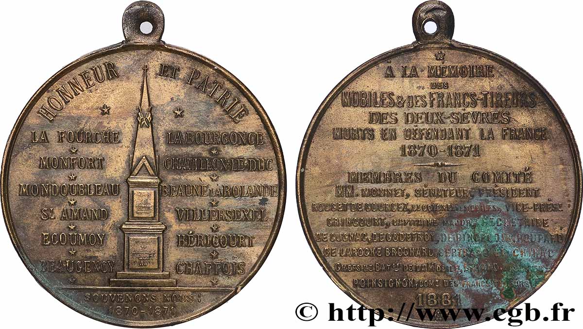 TROISIÈME RÉPUBLIQUE Médaille, à la mémoire des mobiles et francs-tireurs des Deux-Sèvres TTB