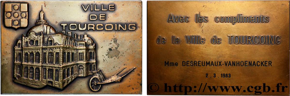 CINQUIÈME RÉPUBLIQUE Médaille, Avec les compliments de la ville TTB+