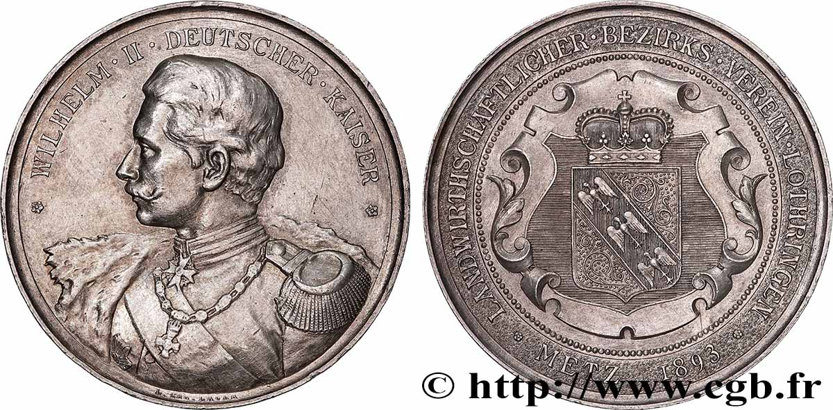 ALLEMAGNE - ROYAUME DE PRUSSE - GUILLAUME II Médaille, Association de district agricole de Lorraine TTB