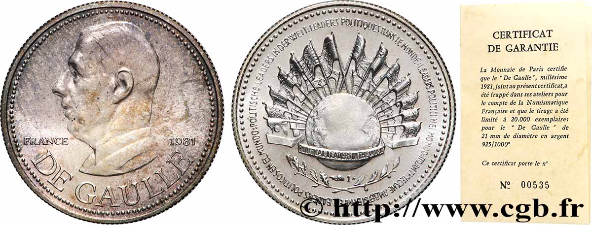 CINQUIÈME RÉPUBLIQUE Médaille des leaders politiques dans le monde, Charles de Gaulle TTB+