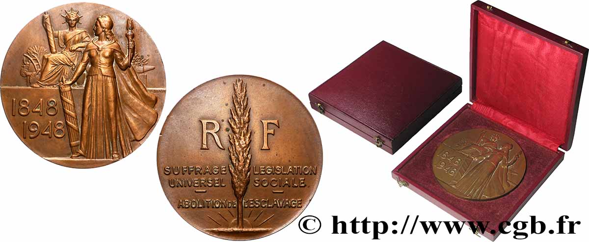 CUARTA REPUBLICA FRANCESA Médaille, Abolition de l’esclavage, Centenaire de la révolution de 1848 MBC+