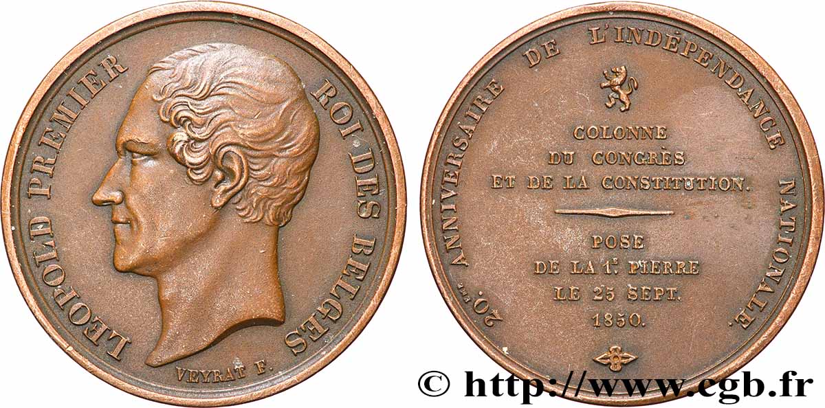 BELGIQUE - ROYAUME DE BELGIQUE - LÉOPOLD Ier Médaille, 20e anniversaire de l’indépendance nationale TTB+