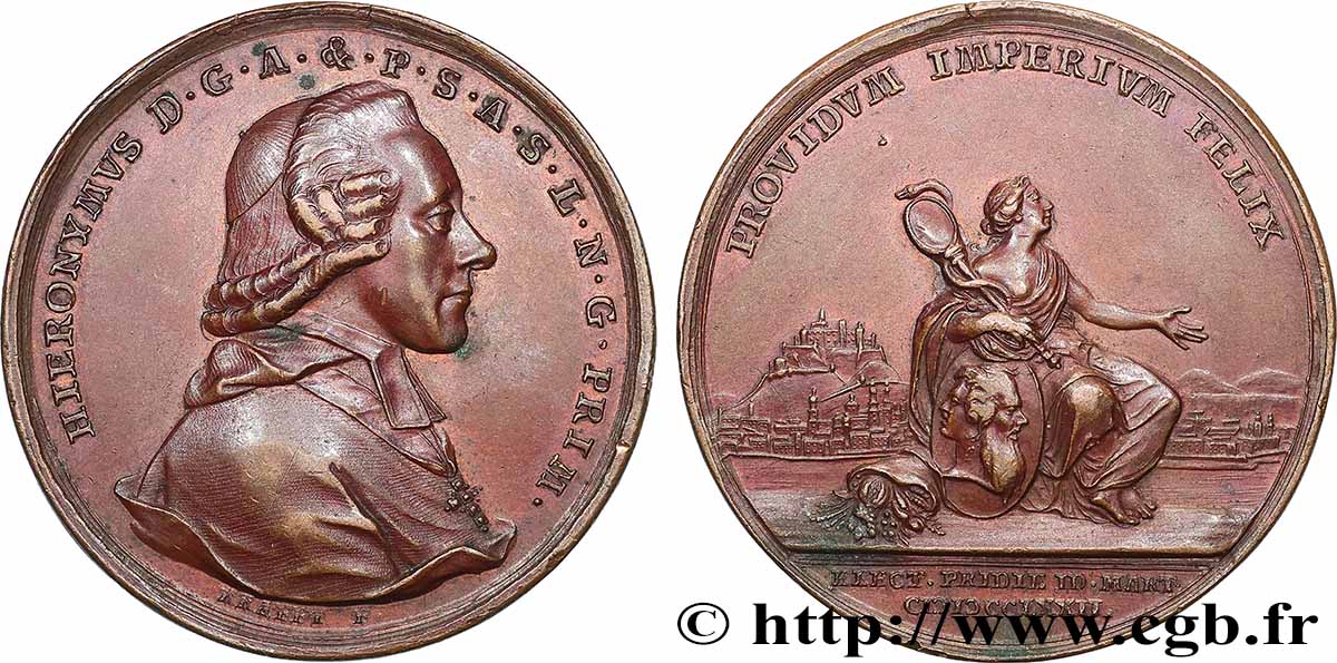 AUTRICHE - ARCHEVÊCHÉ DE SALZBOURG - MAXIMILIEN GANDOLPHE COMTE DE KÜENBURG Médaille, Élection de Hieronymus von Colloredo-Mannsfeld TTB