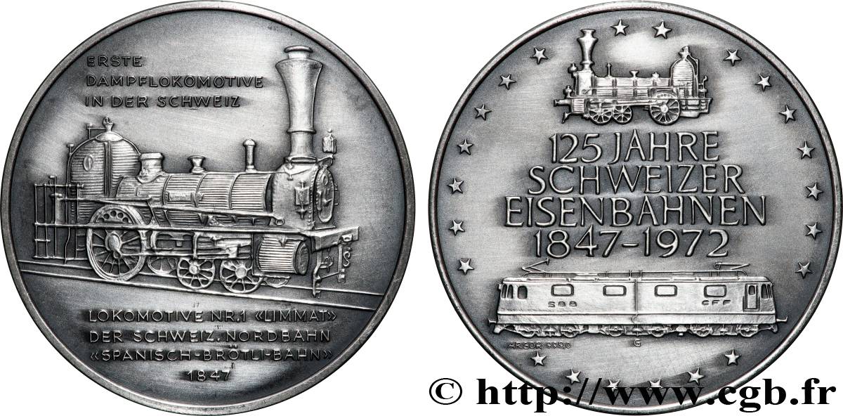 SWITZERLAND Médaille, 125e anniversaire des chemins de fer suisse, Première locomotive à vapeur, Limmat AU