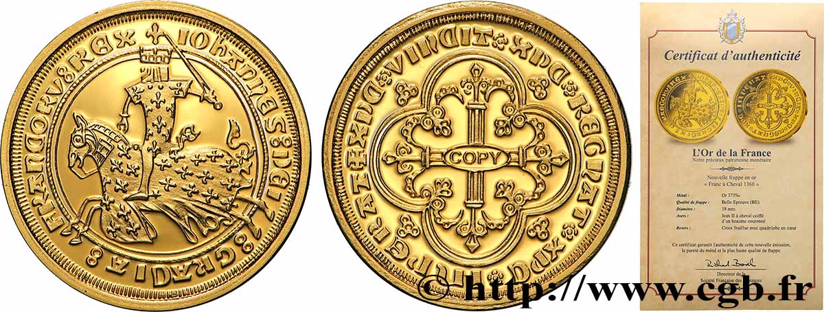 L OR DE LA FRANCE Médaille, Reproduction de monnaie, Franc à cheval de Jean II le Bon BE