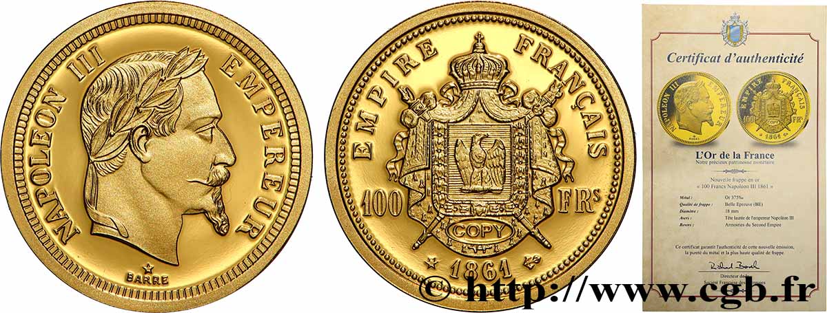 L OR DE LA FRANCE Médaille, Reproduction de monnaie, 100 Francs or Napoléon III Proof set