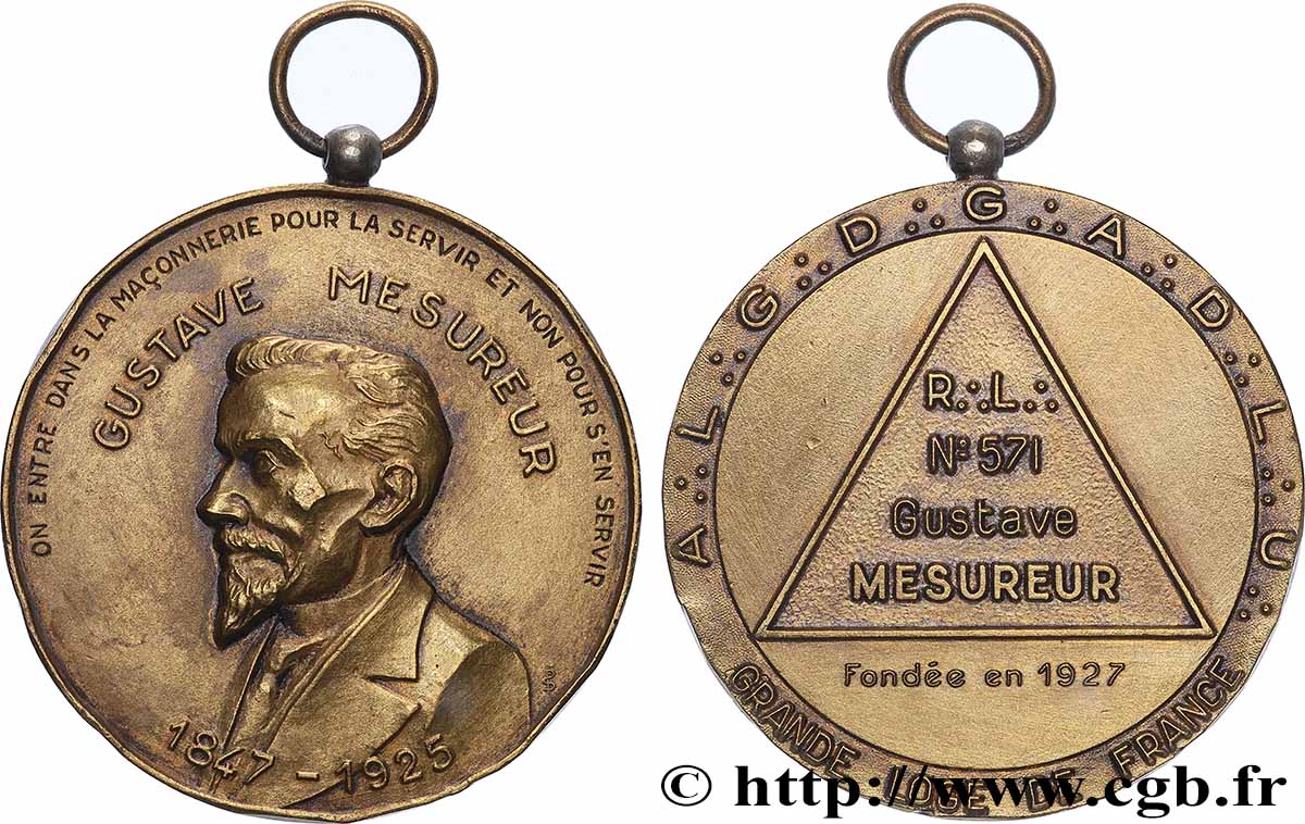 FRANC - MAÇONNERIE Médaille, Grande loge de France, Gustave Mesureur TTB