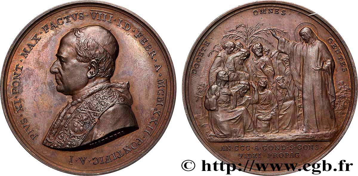 VATICAN - PIE XI (Achille Ratti) Médaille, Tricentenaire de la Congrégation “de propaganda fide” AU