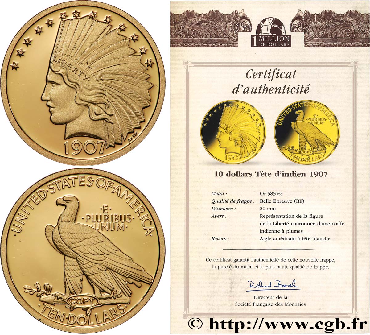 1 MILLION DOLLAR SERIES Médaille, Reproduction monnaie, 10 dollars tête d’indien Proof set