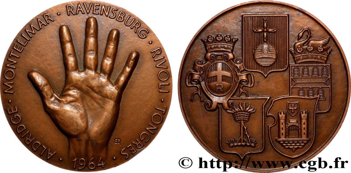 FUNFTE FRANZOSISCHE REPUBLIK Médaille, Jumelage des villes, Montelimar, Aldridge, Ravensburg, Rivoli et Tongres fVZ/VZ