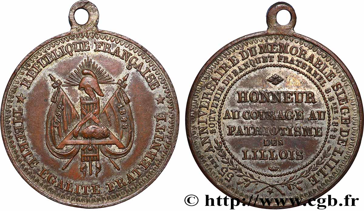 DEUXIÈME RÉPUBLIQUE Médaille, Souvenir du banquet fraternel, 55e anniversaire du siège de Lille TTB+