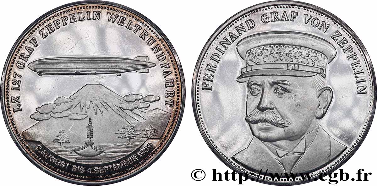 GERMANY Médaille, 150e anniversaire de Ferdinand Graf von Zeppelin, Premier vol long-courrier d un zeppelin, LZ 4 AU