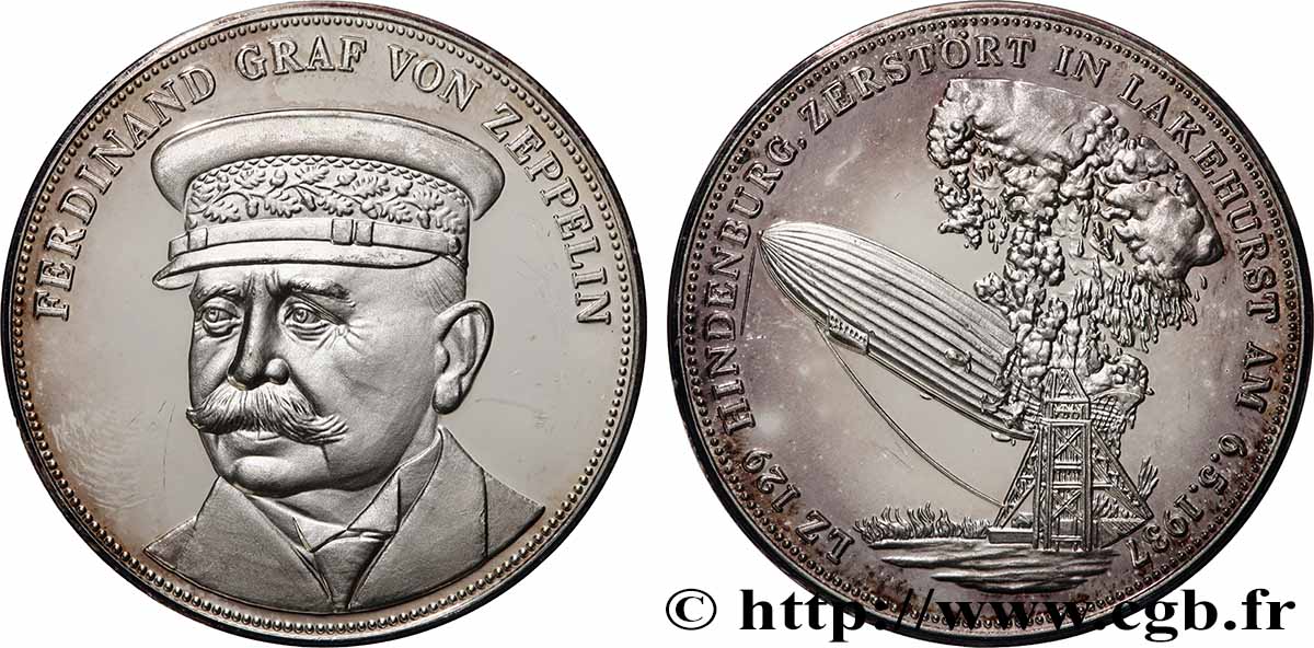 DEUTSCHLAND Médaille, 150e anniversaire de Ferdinand Graf von Zeppelin, LZ 129 Hindenburg détruit à Lakehurst fVZ