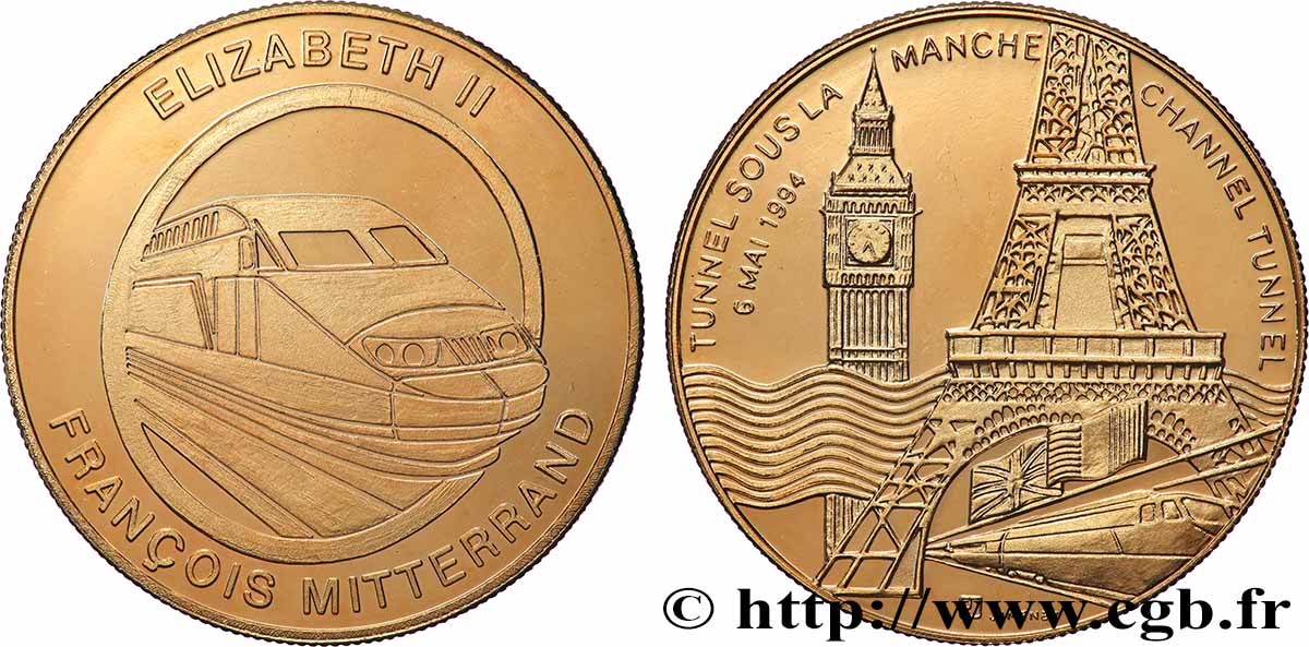CINQUIÈME RÉPUBLIQUE Médaille, Tunnel sous la Manche, Elisabeth II et François Mitterrand SUP