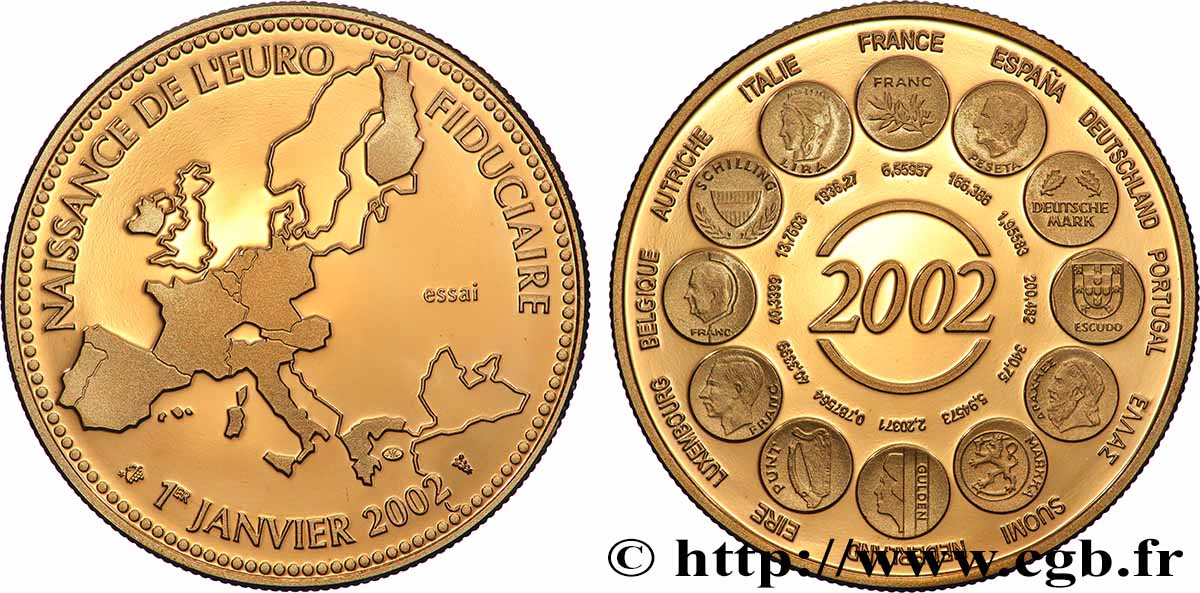 FUNFTE FRANZOSISCHE REPUBLIK Médaille, Essai, Naissance de l’Euro fiduciaire fST